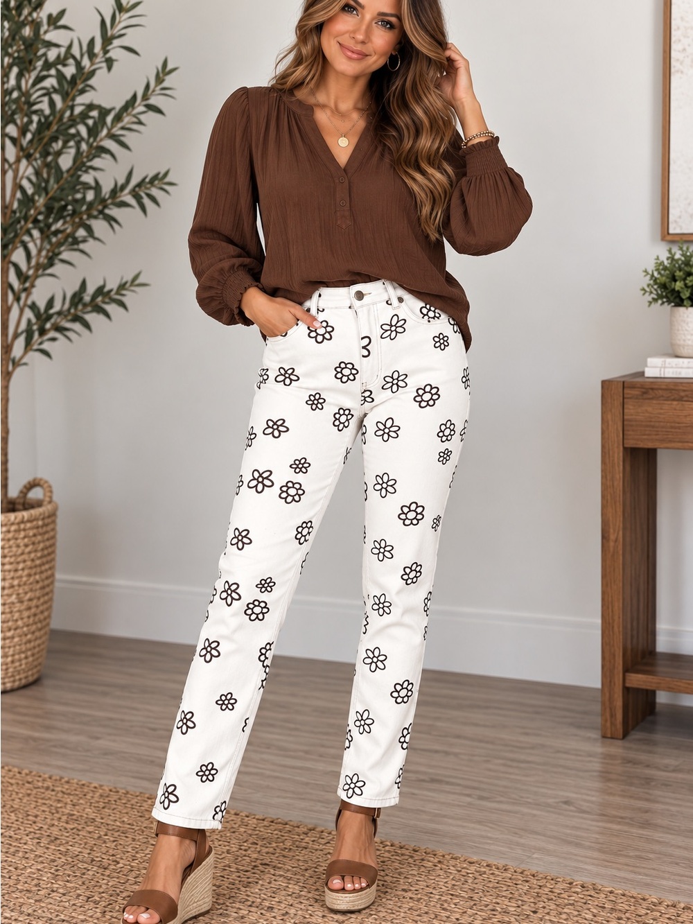 Forever 21 White Floral-Print Straight Leg Jeans